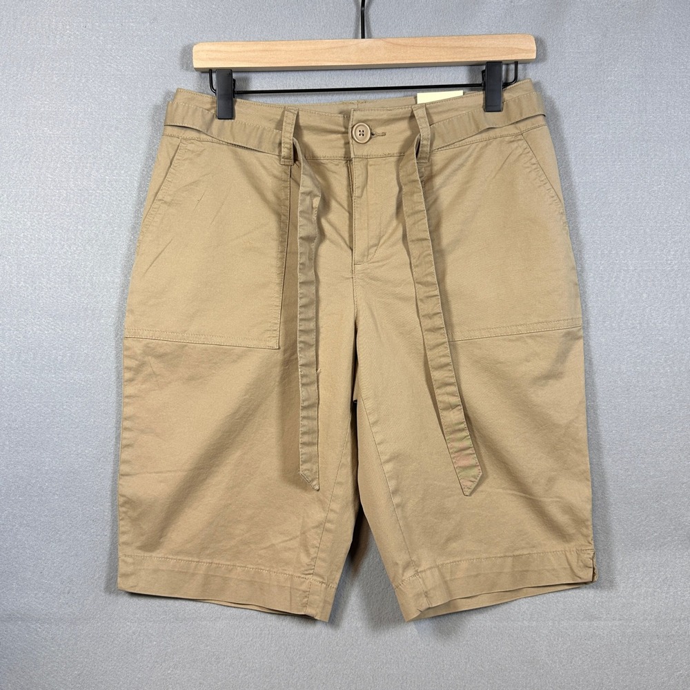 St John's Bay Womens Khaki Bermuda Shorts Belted Utility Pockets Tan Size 4 NEW